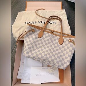 Louis Vuitton Cream and Tan Tote Bag with Damier Azur Pattern - Neverfull PM
